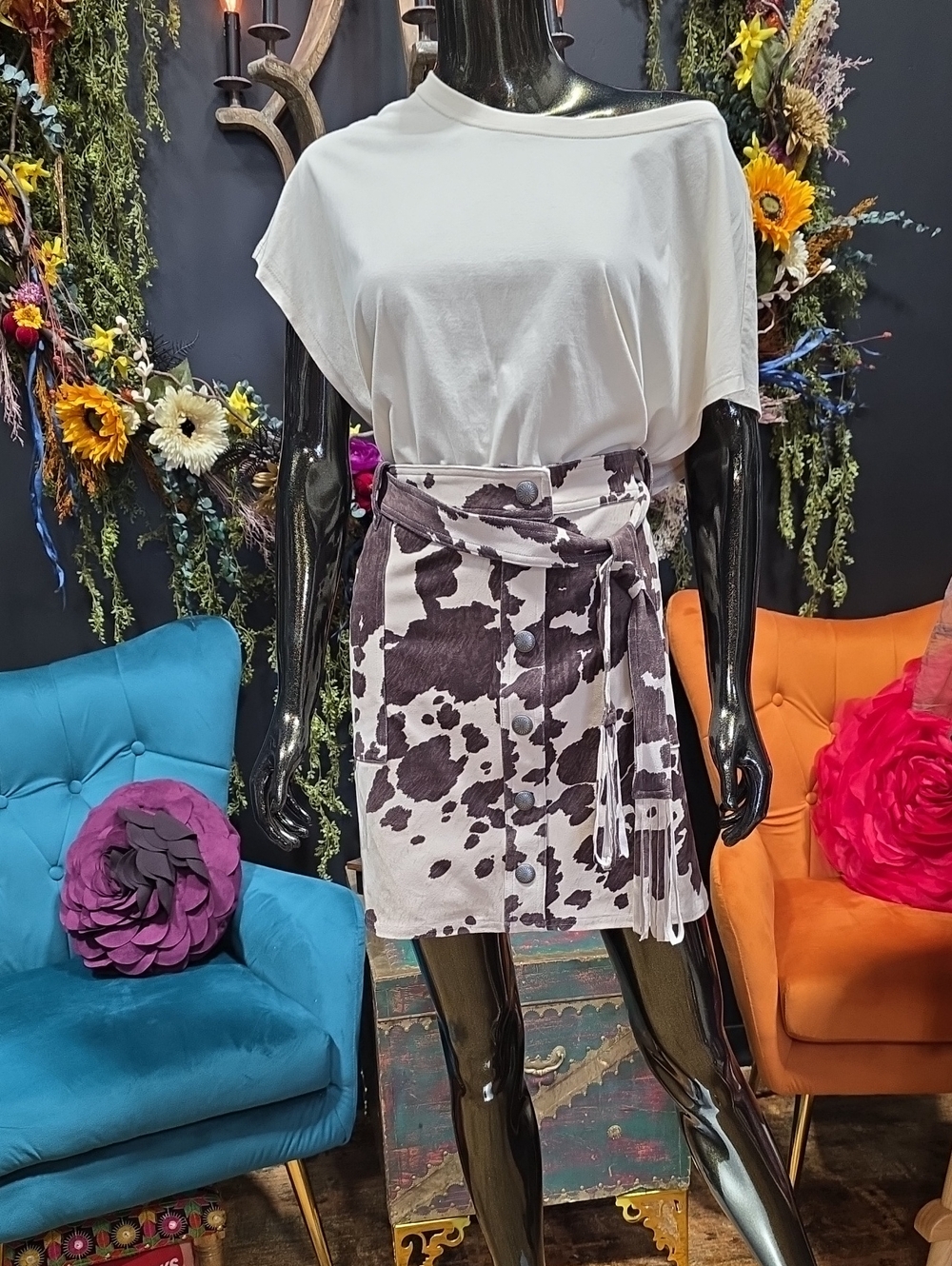 Shyanne Brown & Cream Cow-Print Wrap Mini Skirt Suede Like Feel